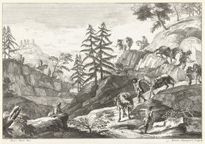 Berglandschap met ruiters die paarden bergaf leiden op pad door Giuliano Giampiccoli