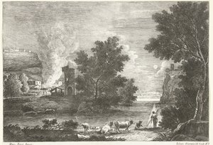 Landschap bij maanlicht met brand