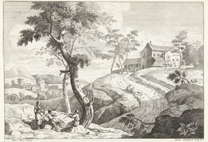 Landschap met fluitspelers bij boom door Giuliano Giampiccoli