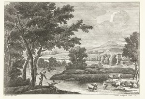 Landschap met herders en vee bij water door Giuliano Giampiccoli