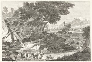 Landschap met herders en vee bij waterval door Giuliano Giampiccoli