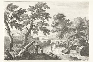 Landschap met herders op weg langs kleine waterval door Giuliano Giampiccoli