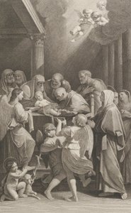 De besnijdenis van Christus, een groep mannen, vrouwen en engelen om hem heen
