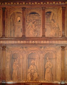 Na restauratie kasten in de Noord-Sacristie (Sacrestia delle Messe) die de Annunciatie en een bisschop op de troon voorstellen