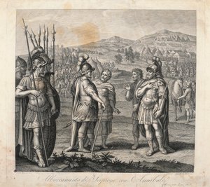 Ontmoeting tussen Hannibal en Scipio tijdens de Punische Oorlogen door Giulio (after) Romano