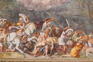 Ajax beschermt het lijk van Patroclus tijdens de slag om Troje, Het Paard van Troje, Kamer van Troje (Sala di Troia) door Giulio (and workshop) Romano