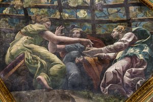 Detail van het gewelf met jonge vrouwen en druiven, Kamer van Cupido en Psyche (Sala di Amore e Psiche) door Giulio (and workshop) Romano