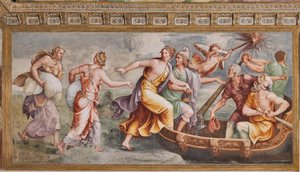 De ontvoering van Helena, Het Paard van Troje, Kamer van Troje (Sala di Troia) door Giulio (and workshop) Romano