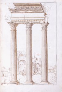 De zuilen van de tempel van Castor en Pollux, met de tempel van Vrede op de achtergrond, ca. 1550 door Giulio (circle of) Romano