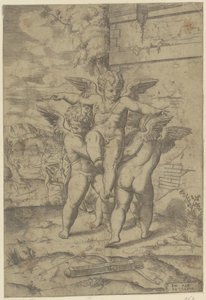 Amor en drie putti door Giulio Bonasone (attributed to)
