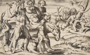 Een Dronken Silenus Rijdend op een Ezel Ondersteund door Satyrs