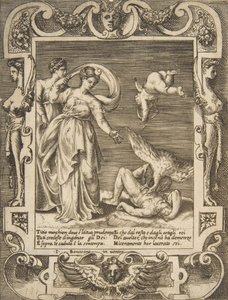 Een gier die de ingewanden van Titius eet, Cupido boven twee vrouwen links, binnen een lijst, 1531-76