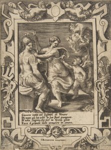 Athena zittend bij Juno die de pijlen van Cupido heeft weggenomen, binnen een uitgebreide lijst
