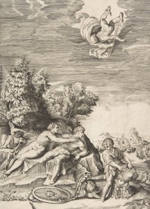 Calypso die probeert Ulysses tegen te houden terwijl een kind zijn wapenrusting voorbereidt aan de rechterkant en Mercurius valt, 1531-76 door Giulio Bonasone