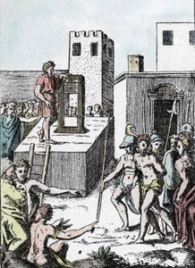 Doodstraf: de uitvoering van een doodvonnis met de voorloper van de guillotine (machine à décollation) in Italië genaamd Mannaia, ontworpen door Achille Bocchi in 1555 Gravure door Giulio Buonasone