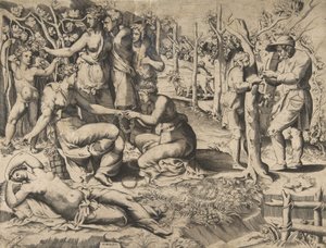 Flora in het midden die een krans doorgeeft aan een andere vrouw, omringd door andere figuren, midden 16e eeuw door Giulio Bonasone