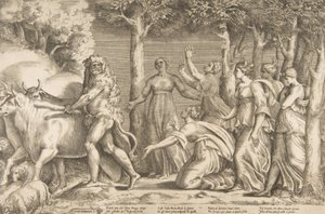Hercules die het vee van Geryon verdrijft, rechts zijn de nimfen van Hesperides, 1531-76 door Giulio Bonasone