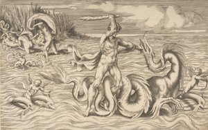 Hercules vecht met een draak in het midden, Achelous ontvoert Deianeira linksboven