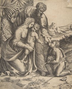 Heilige Familie met Sint Jan de Doper die rechts knielt, 1531-76 door Giulio Bonasone