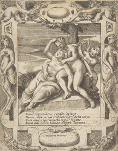 Ixion omhelst een wolk, denkend dat het Juno is, Cupido rechts, binnen een uitgebreide..., 1531-76