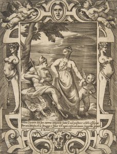 Jupiter links in de vorm van een herder vergezeld door Mnemosyne, binnen een uitgebreide..., 1531-1576