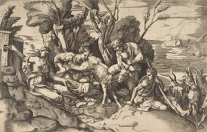 Jupiter gezoogd door de geit Amalthea, 1531-76 door Giulio Bonasone