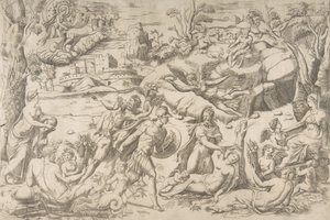 Mars en Rhea Silvia: in het midden houdt Mars een schild en zwaard, Rhea Silvia slaapt, ca. 1531-76