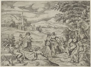 Mercurius vertelt het verhaal van Pan en Syrinx door Giulio Bonasone