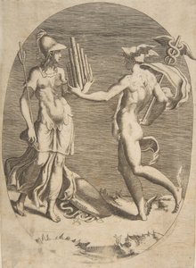 Mercurius presenteert een panfluit aan Minerva die links staat, een ovale compositie, 1531-76