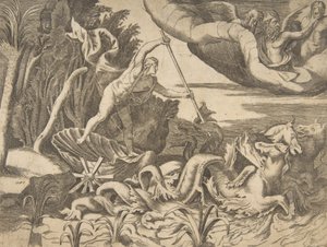 Neptunus in zijn Wagen getrokken door zeepaarden, uit de 