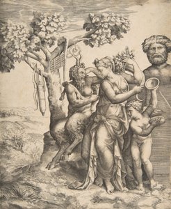 Pan links zittend naast een staande nimf, rechts Cupido met cimbalen, 1531-76