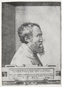 Portret van Michelangelo in profiel naar rechts door Giulio Bonasone