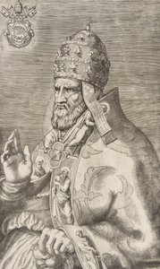 Portret van Paus Marcellus II, rechterhand opgeheven naar links, ca. 1555 door Giulio Bonasone