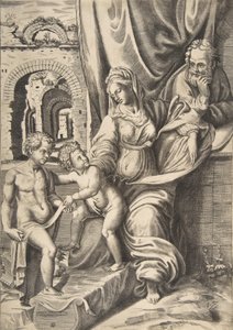 De Heilige Familie en de jonge Johannes de Doper door Giulio Bonasone