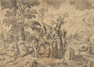 De rust tijdens de vlucht naar Egypte, Jozef rechts, de Maagd houdt het Christuskind door Giulio Bonasone