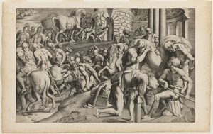 Het Trojaanse paard wordt de stad Troje binnen gesleept