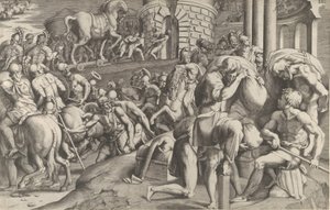 De Trojanen slepen het houten paard Troje binnen, 1545 door Giulio Bonasone