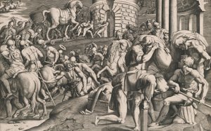 De Trojanen trekken het houten paard de stad in door Giulio Bonasone