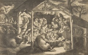 De aanbidding van de herders, verschillende figuren rondom het Christuskind in het cen...
