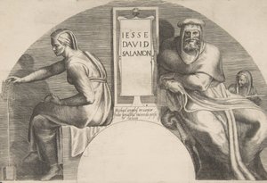 De voorouders van Christus flankeren een ingeschreven tablet, een compositie met een gebogen top, 1531-76 door Giulio Bonasone