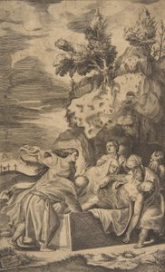 De graflegging van Christus, de kruisen op Calvarie zichtbaar op de achtergrond