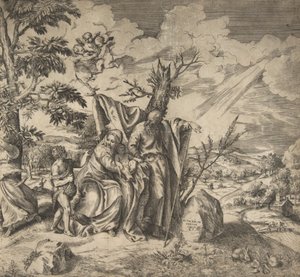 De rust van de Heilige Familie op hun vlucht naar Egypte door Giulio Bonasone