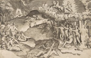 De triomf van de liefde, Cupido rijdt op een wagen getrokken door een eenhoorn door Giulio Bonasone