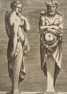 Twee termen, een nimf links Silvanus rechts