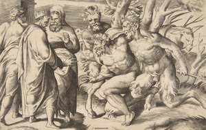 Twee saters brengen Silenus Koning Midas staat links, 1531-76