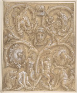 Ontwerp voor een decoratief paneel met rinceaux, saters, putti, monsters en een menselijk hoofd, 1535-45 door Giulio Campi.