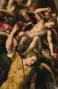 Noord Transept, Altaar van St. Michaël de Aartsengel, Aartsengel Michaël doodt het kwaad, Giulio Campi 1566, Detail door Giulio Campi