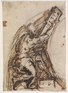 Zittende man met schrijftablet(?). Architectuurdetail door Giulio Campi