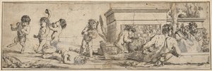 Bacchanaal met baby satyrs en putti links, een naakte mannelijke figuur ligt vooraan door Giulio Carpioni