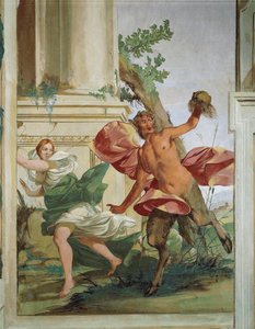 Nimf Corsica achtervolgd door Satyr die haar pruik aftrekt door Giulio Carpioni